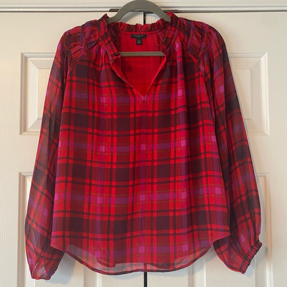 Ann Taylor Red and Pink Plaid Long Sleeve Top, MP